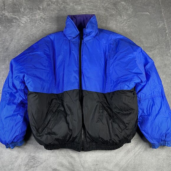 Vintage Eddie Bauer Jacket Mens 2XL Blue Black Reversible Goose Down Puffer 90s - Picture 1 of 14